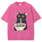 Unisex Vintage Cat Having Noodle Graffiti  Printed Washed Tee