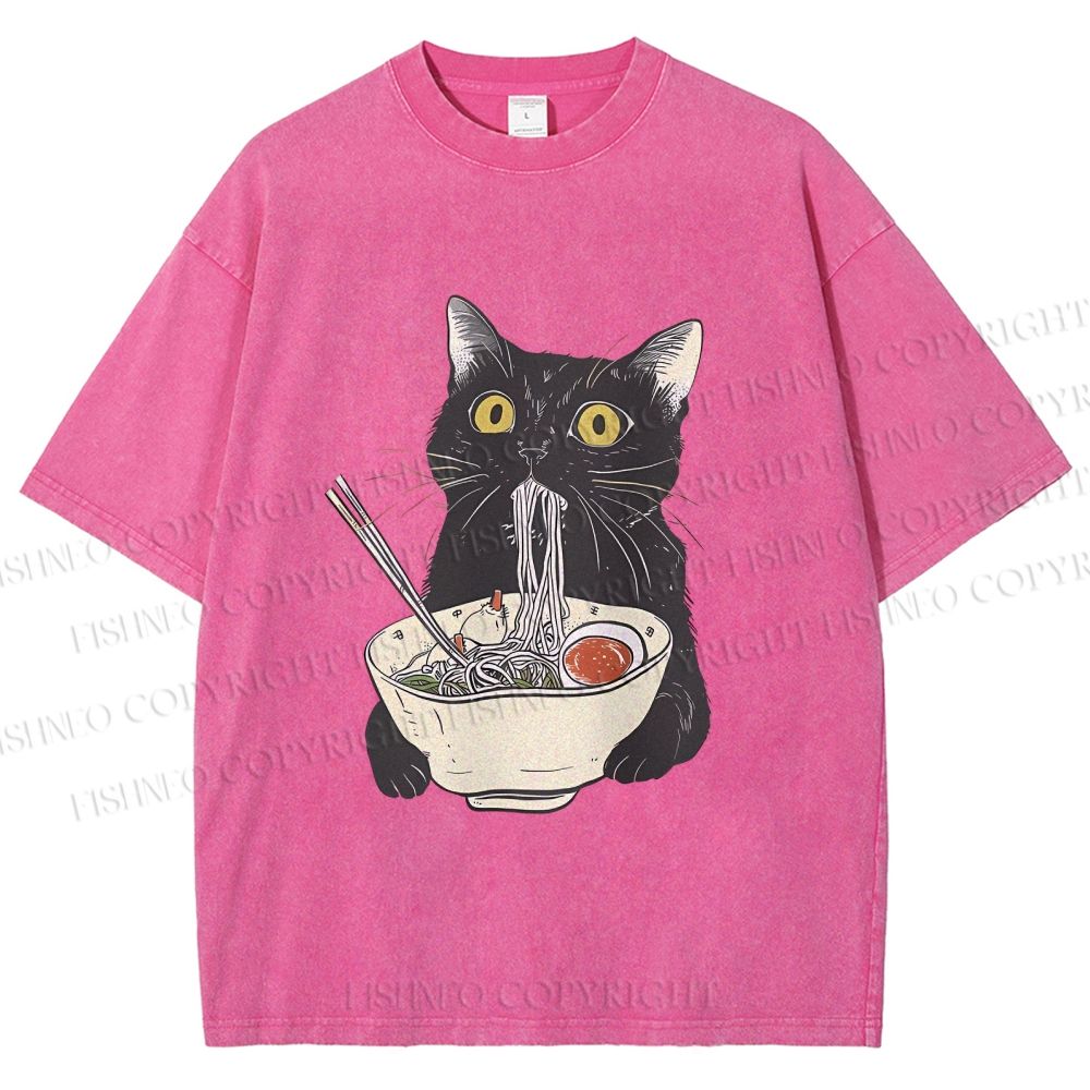Unisex Vintage Cat Having Noodle Graffiti  Printed Washed Tee