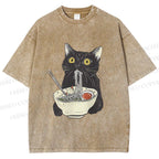 Unisex Vintage Cat Having Noodle Graffiti  Printed Washed Tee