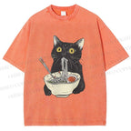 Unisex Vintage Cat Having Noodle Graffiti  Printed Washed Tee