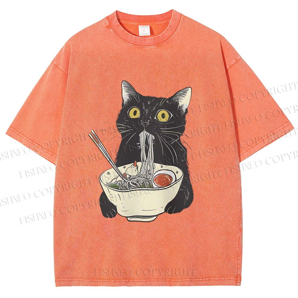 Unisex Vintage Cat Having Noodle Graffiti  Printed Washed Tee
