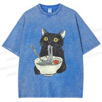 Unisex Vintage Cat Having Noodle Graffiti  Printed Washed Tee