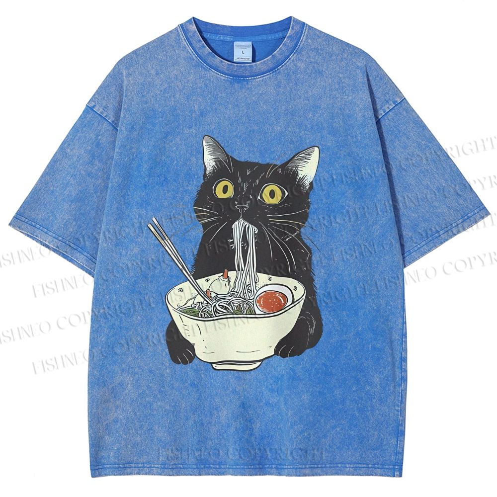Unisex Vintage Cat Having Noodle Graffiti  Printed Washed Tee