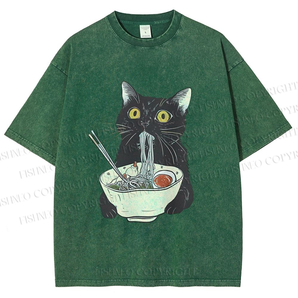 Unisex Vintage Cat Having Noodle Graffiti  Printed Washed Tee