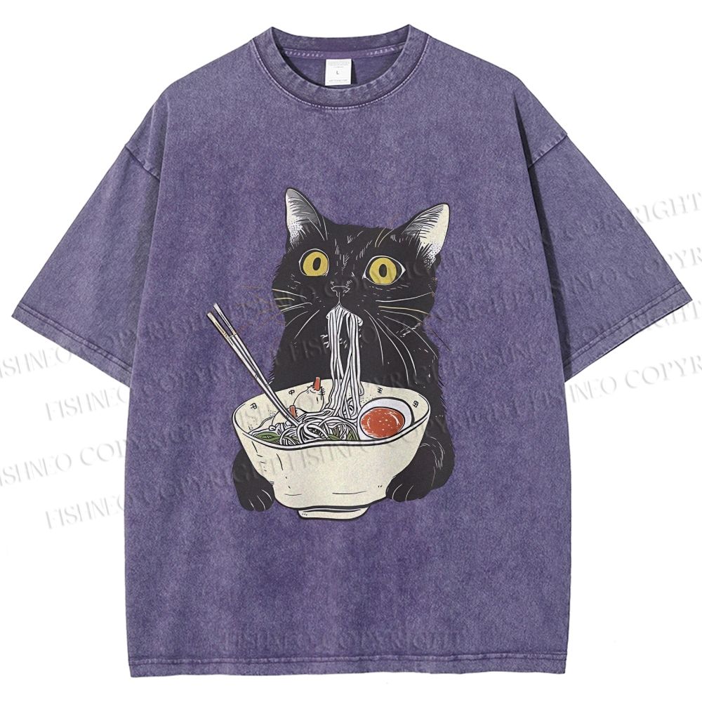 Unisex Vintage Cat Having Noodle Graffiti  Printed Washed Tee