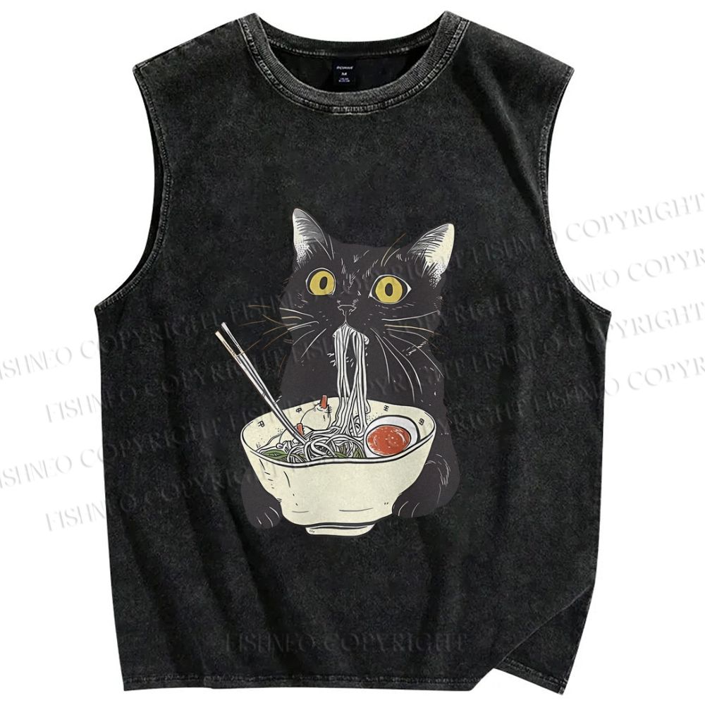 Unisex Vintage Cat Having Noodle Graffiti  Printed Washed Tank Top