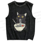 Unisex Vintage Cat Having Noodle Graffiti  Printed Washed Tank Top