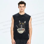 Unisex Vintage Cat Having Noodle Graffiti  Printed Washed Tank Top