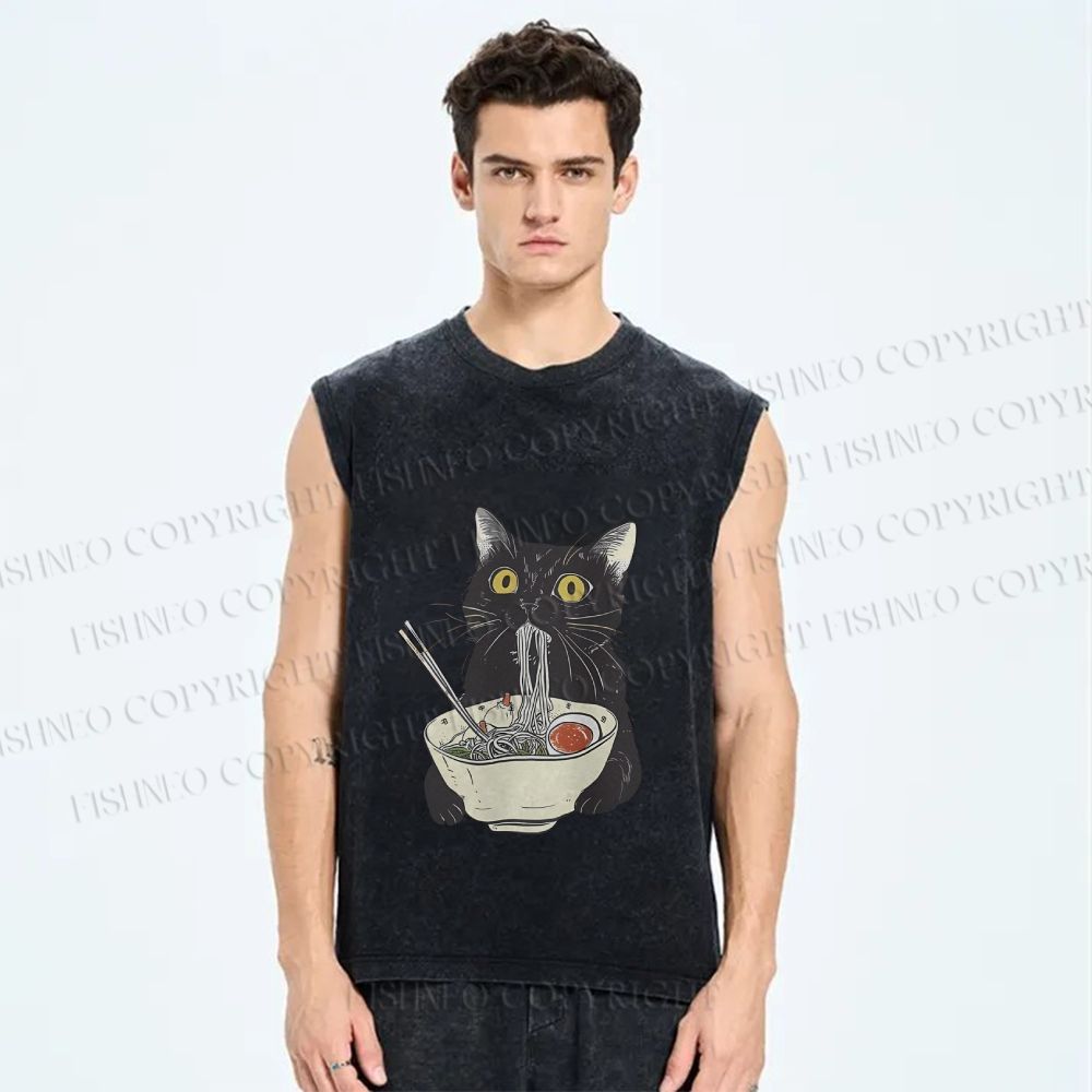 Unisex Vintage Cat Having Noodle Graffiti  Printed Washed Tank Top