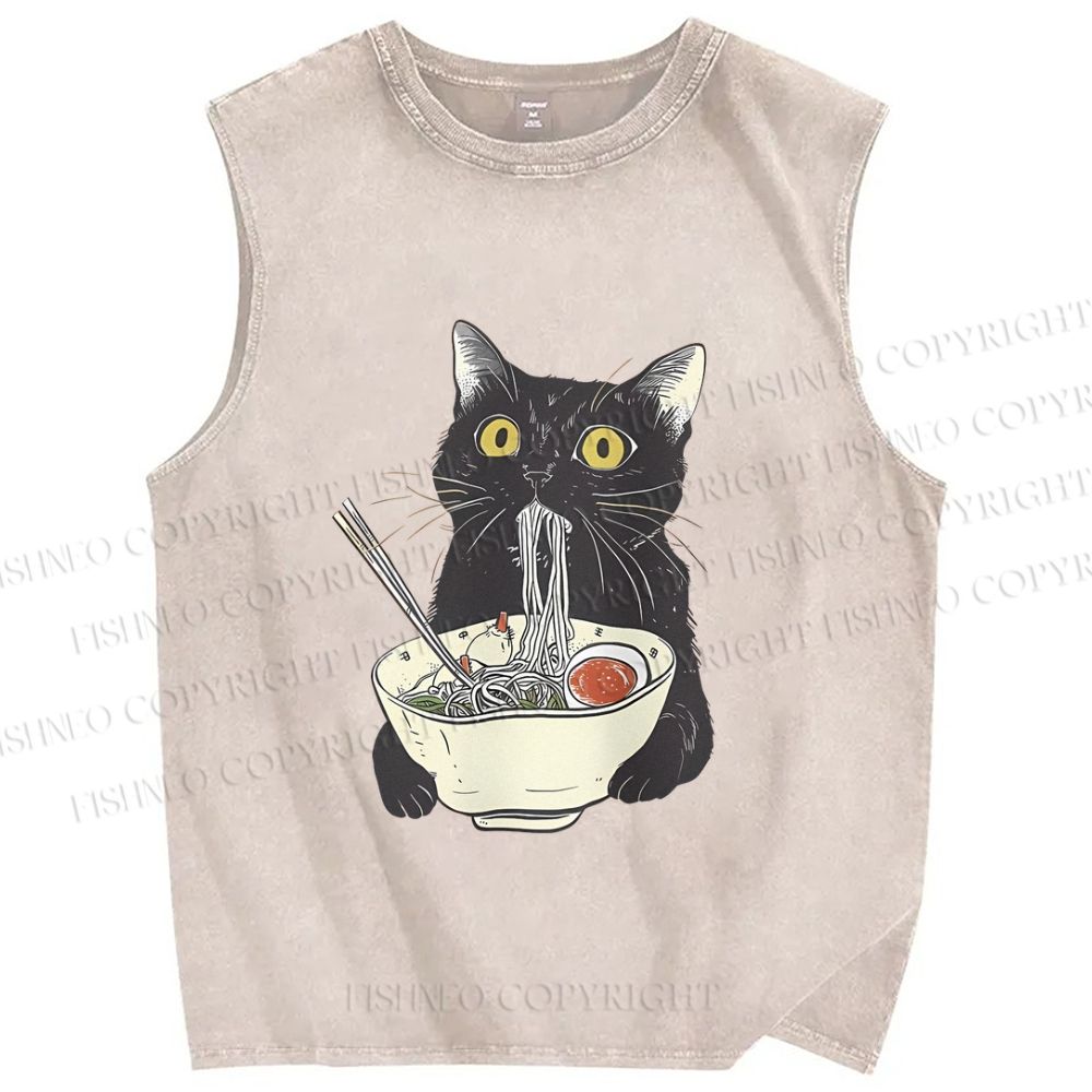 Unisex Vintage Cat Having Noodle Graffiti  Printed Washed Tank Top