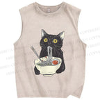 Unisex Vintage Cat Having Noodle Graffiti  Printed Washed Tank Top