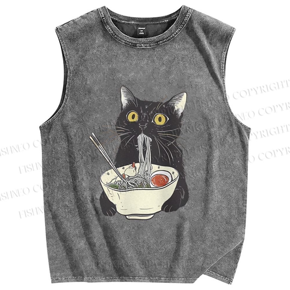 Unisex Vintage Cat Having Noodle Graffiti  Printed Washed Tank Top