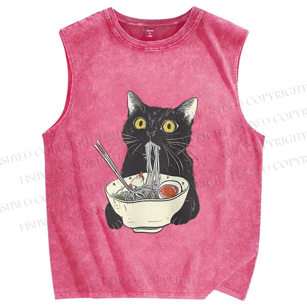 Unisex Vintage Cat Having Noodle Graffiti  Printed Washed Tank Top