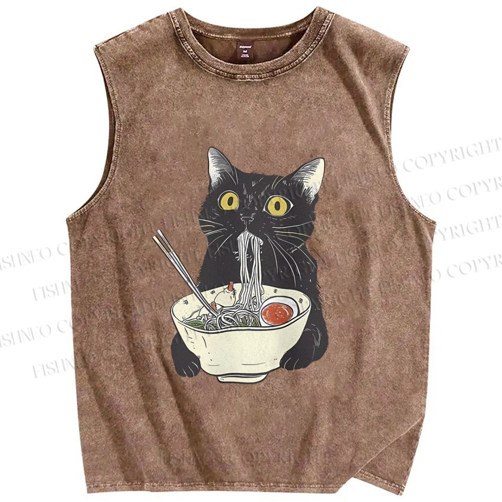 Unisex Vintage Cat Having Noodle Graffiti  Printed Washed Tank Top