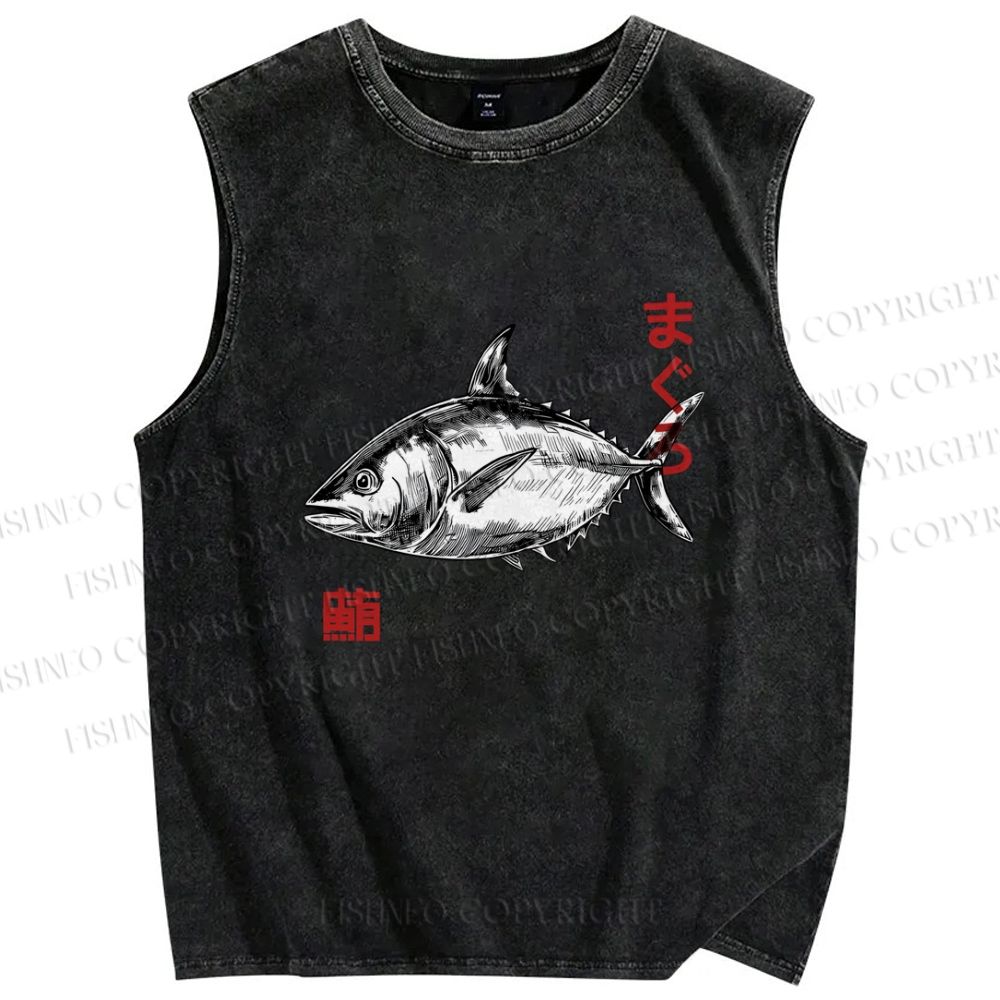 Unisex Vintage Fish Printed Washed Tank Top