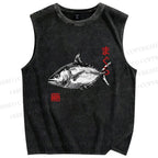Unisex Vintage Fish Printed Washed Tank Top