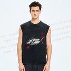 Unisex Vintage Fish Printed Washed Tank Top