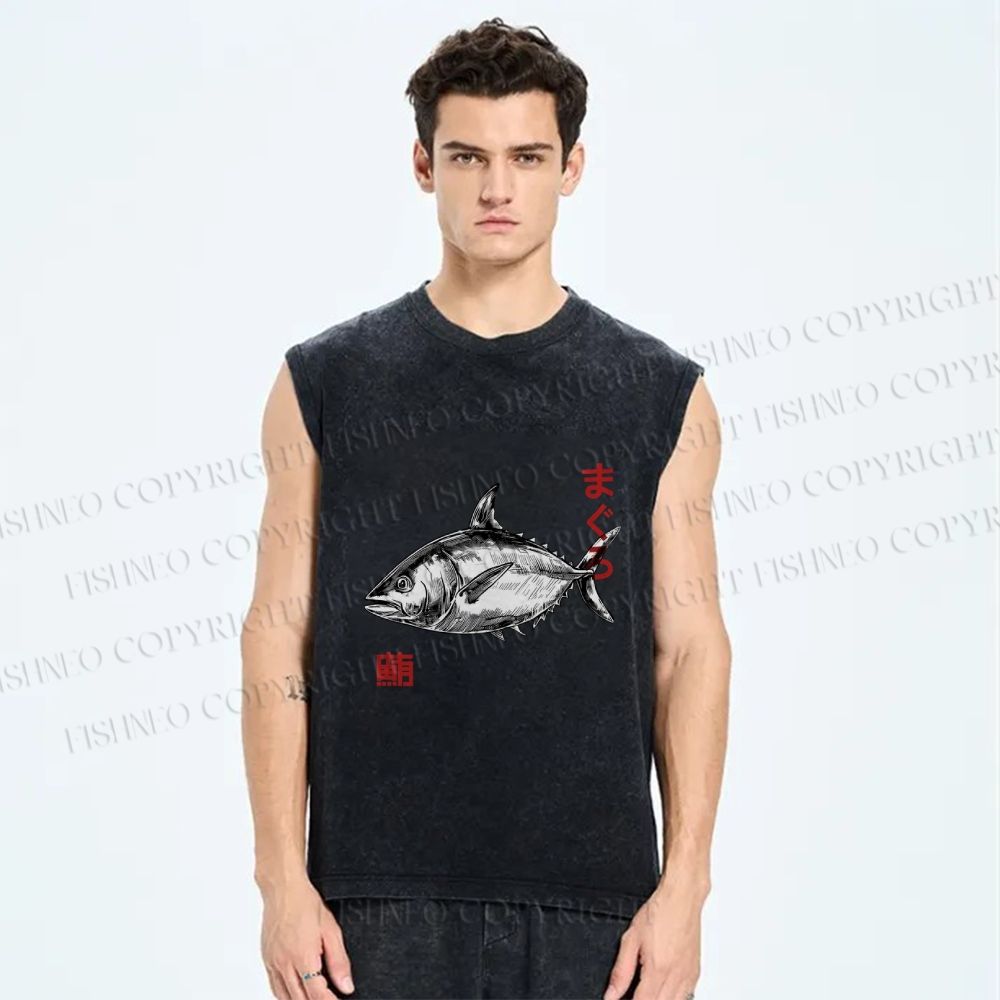 Unisex Vintage Fish Printed Washed Tank Top