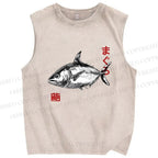 Unisex Vintage Fish Printed Washed Tank Top