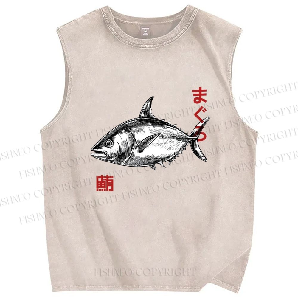 Unisex Vintage Fish Printed Washed Tank Top