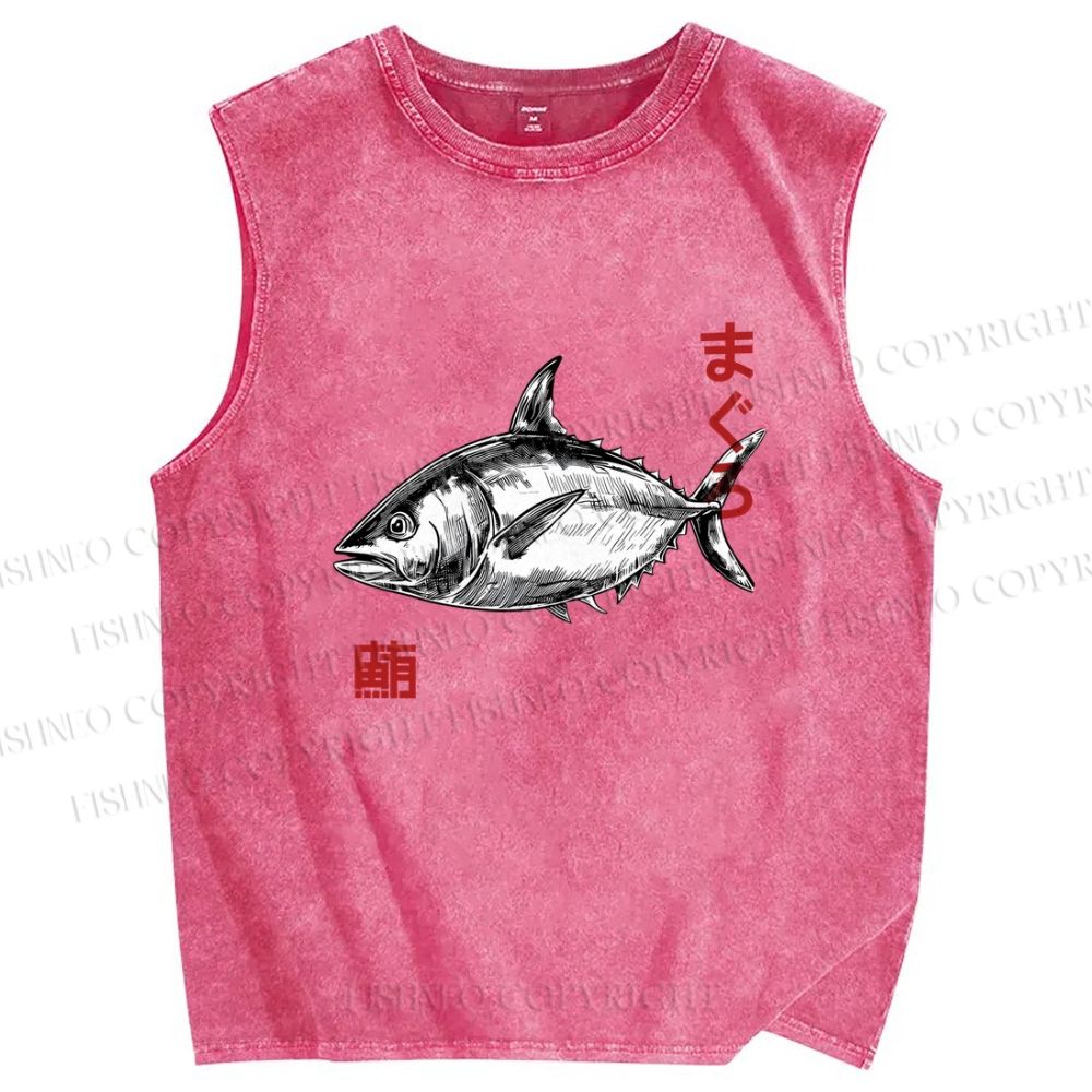 Unisex Vintage Fish Printed Washed Tank Top