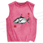 Unisex Vintage Fish Printed Washed Tank Top