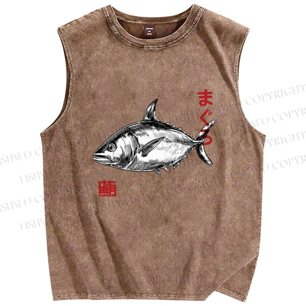 Unisex Vintage Fish Printed Washed Tank Top