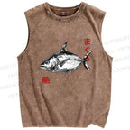 Unisex Vintage Fish Printed Washed Tank Top
