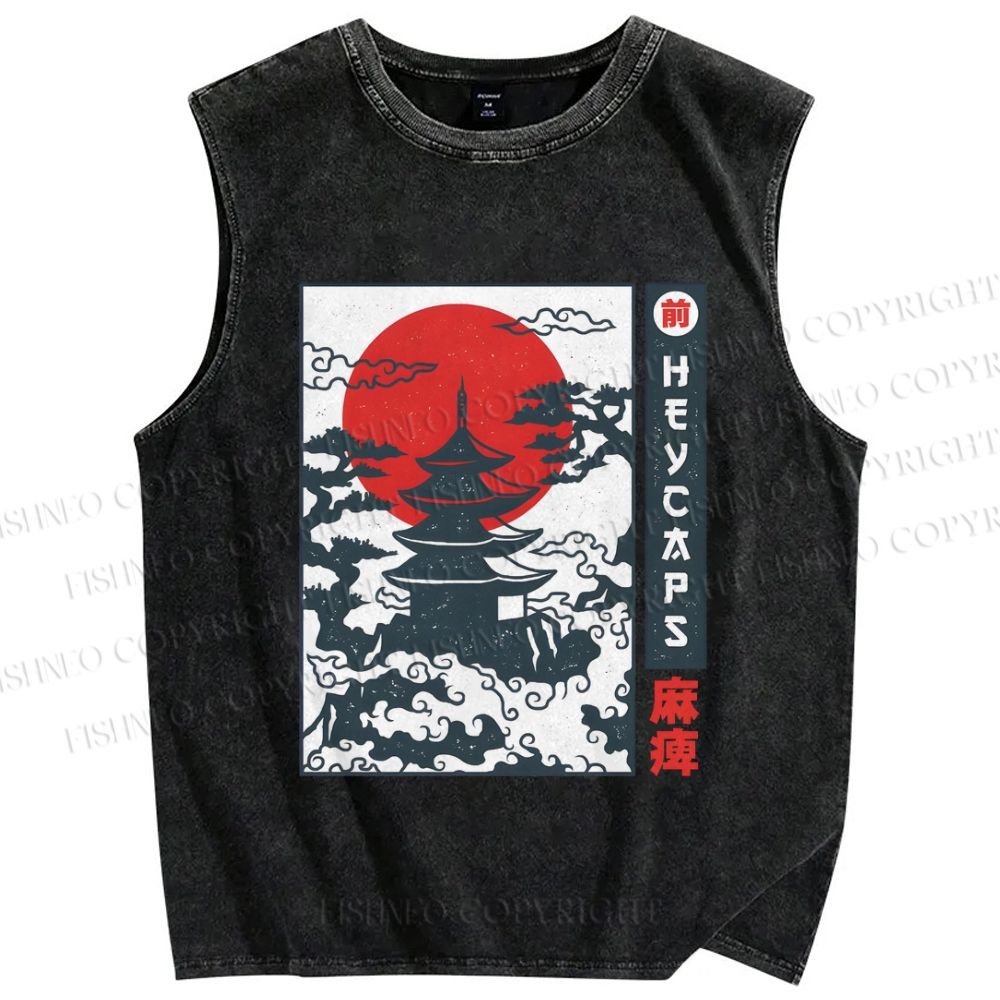 Unisex Japanese Temple Printed Washed Tank Top