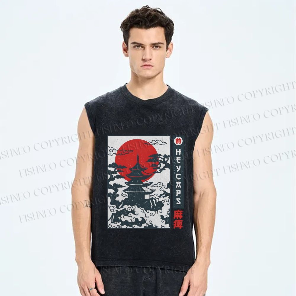 Unisex Japanese Temple Printed Washed Tank Top