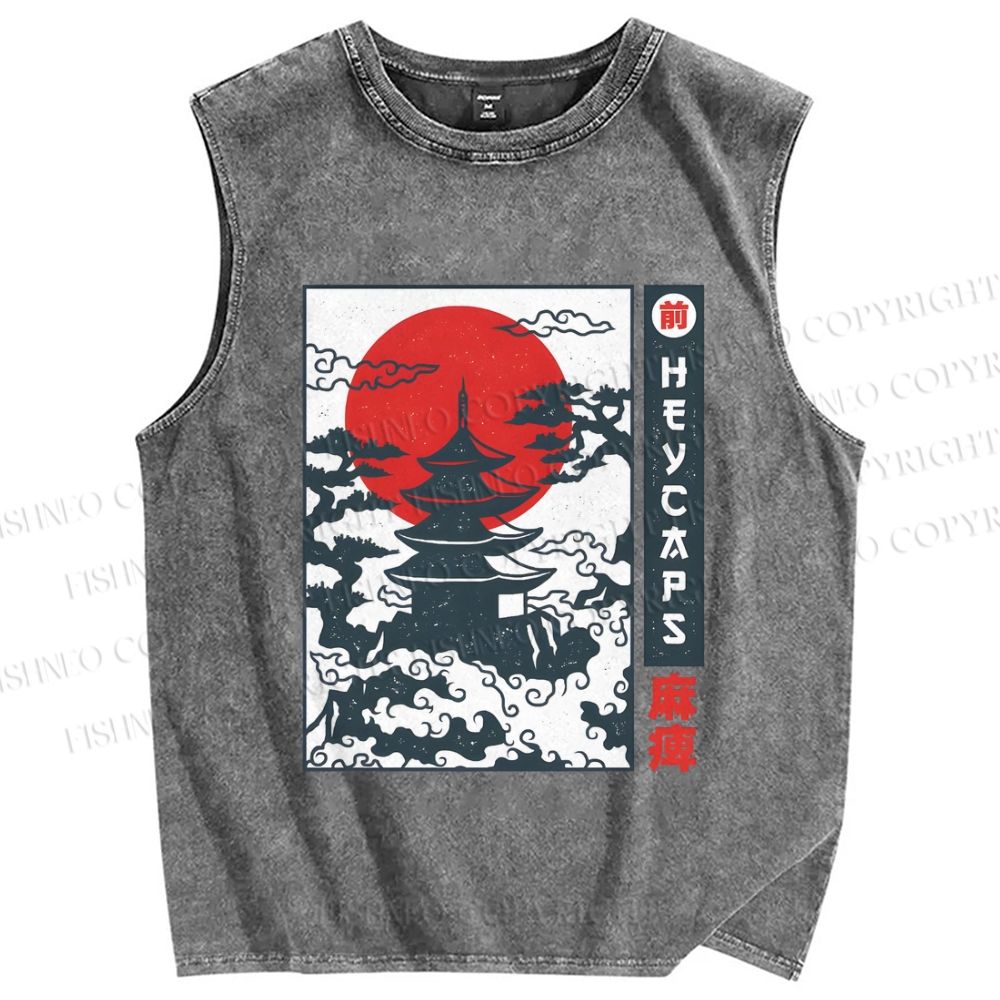 Unisex Japanese Temple Printed Washed Tank Top