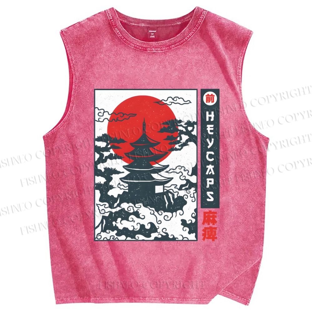 Unisex Japanese Temple Printed Washed Tank Top