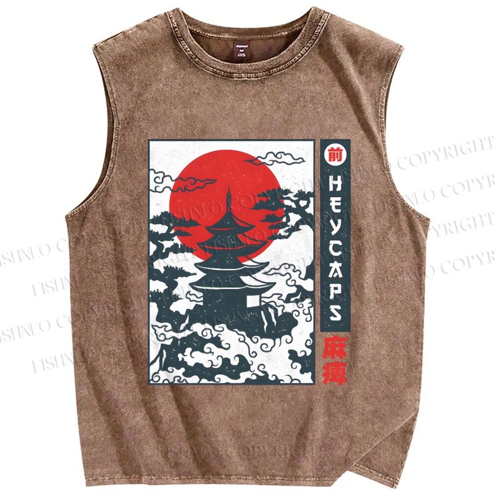 Unisex Japanese Temple Printed Washed Tank Top