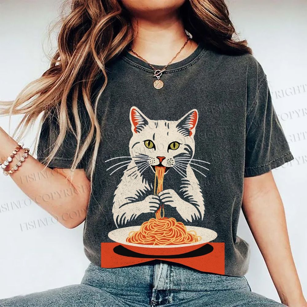 Unisex Vintage Cat Having Noodles Printed Washed Tee