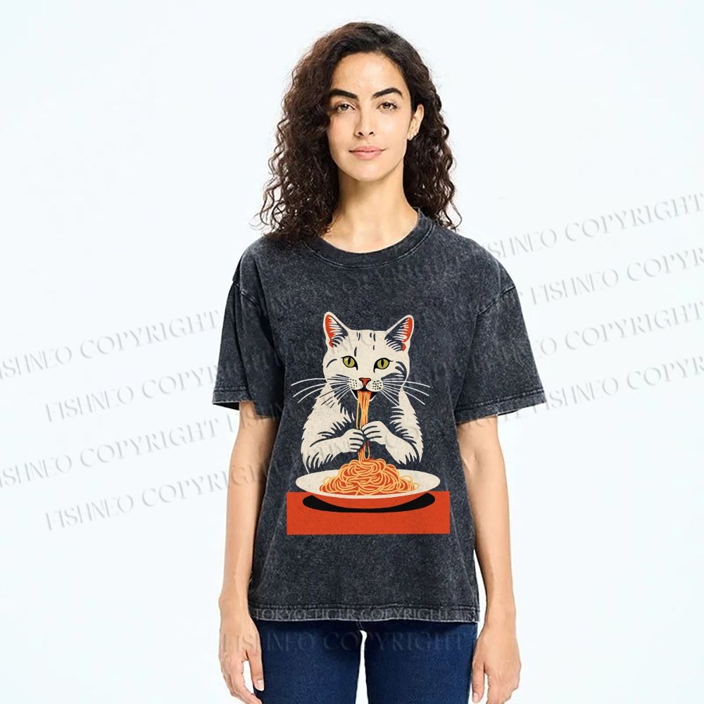 Unisex Vintage Cat Having Noodles Printed Washed Tee