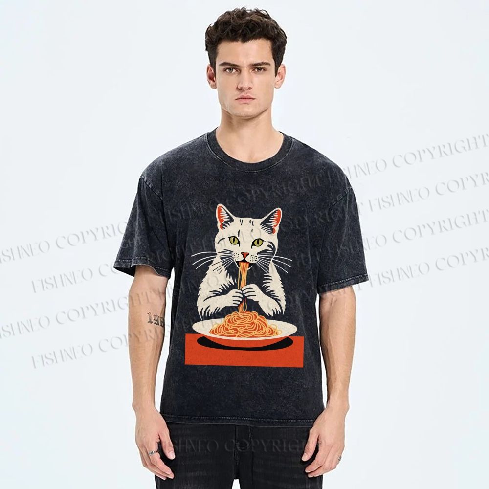 Unisex Vintage Cat Having Noodles Printed Washed Tee