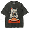 Unisex Vintage Cat Having Noodles Printed Washed Tee
