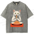 Unisex Vintage Cat Having Noodles Printed Washed Tee