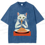 Unisex Vintage Cat Having Noodles Printed Washed Tee