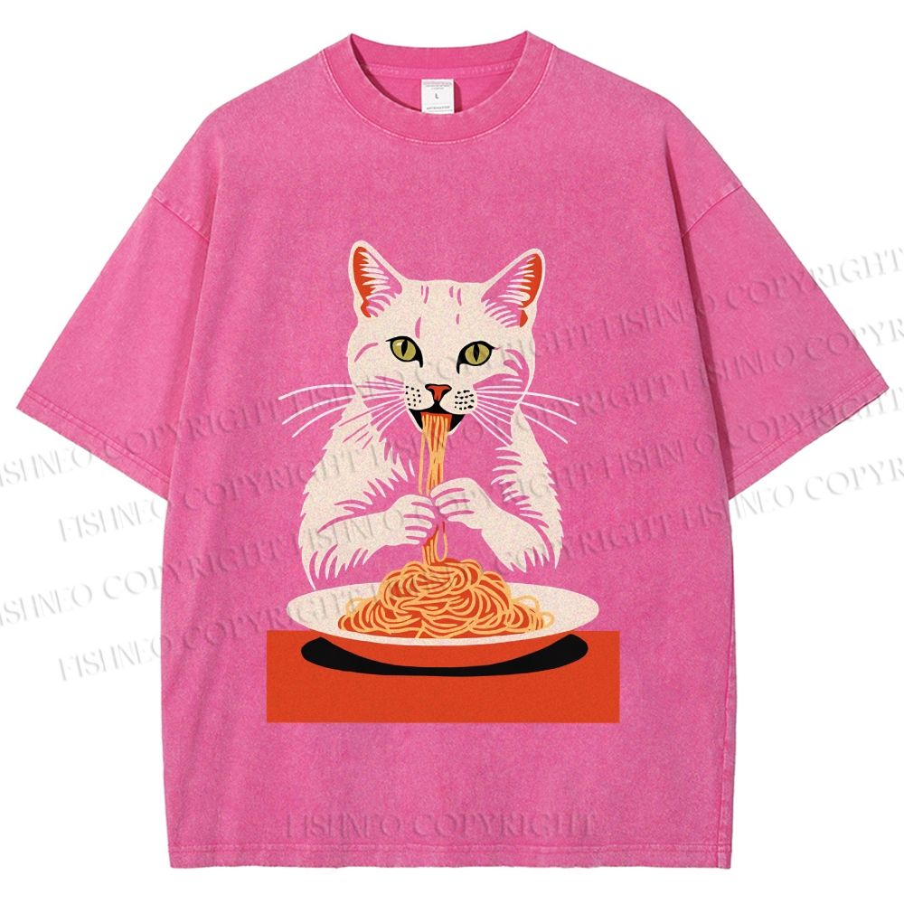 Unisex Vintage Cat Having Noodles Printed Washed Tee
