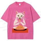 Unisex Vintage Cat Having Noodles Printed Washed Tee