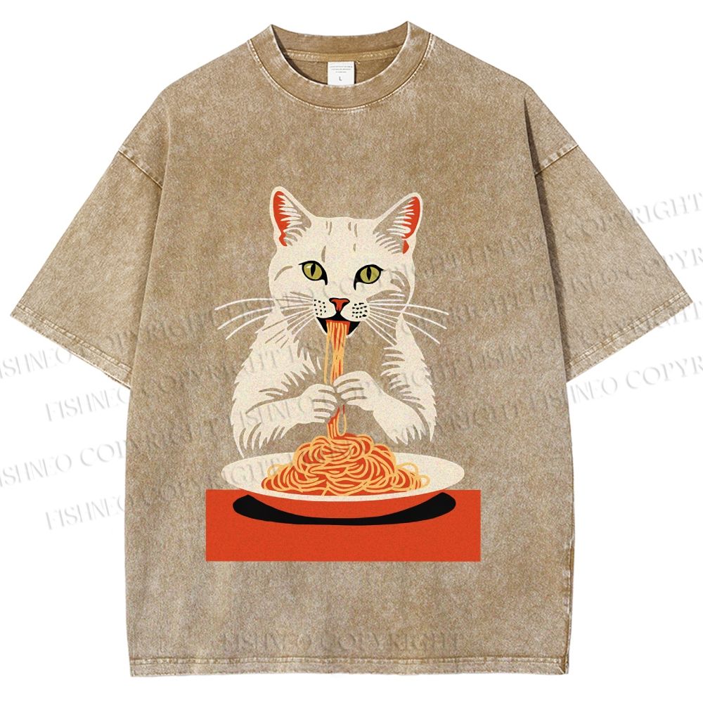 Unisex Vintage Cat Having Noodles Printed Washed Tee