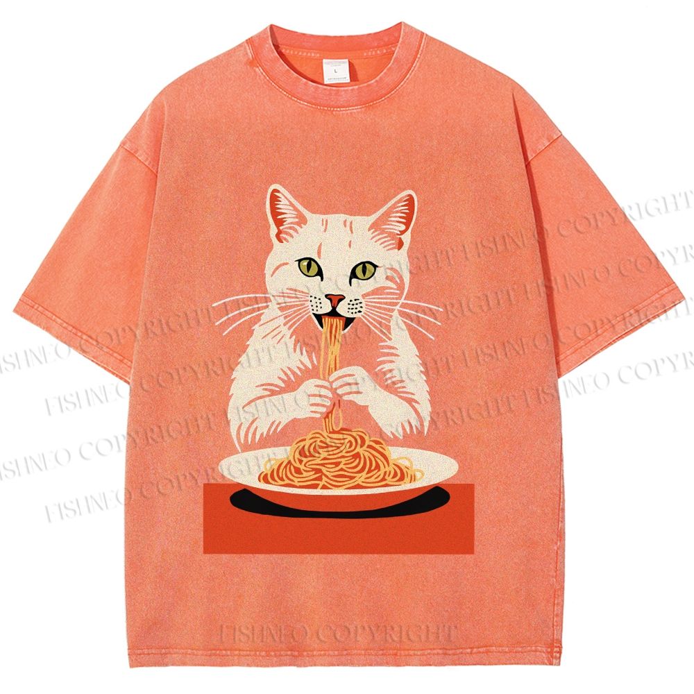 Unisex Vintage Cat Having Noodles Printed Washed Tee