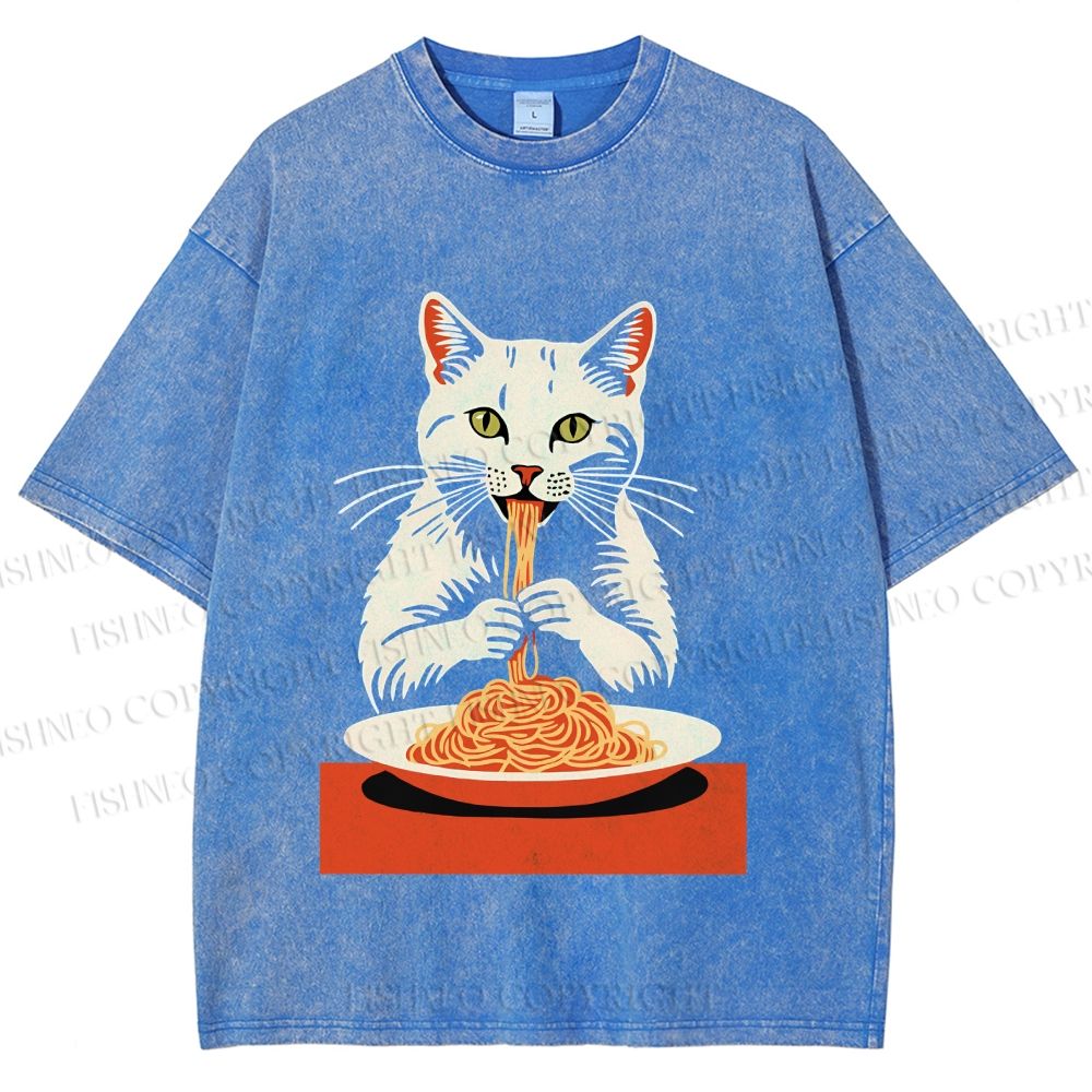 Unisex Vintage Cat Having Noodles Printed Washed Tee