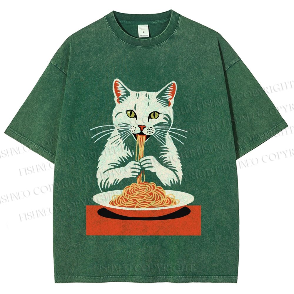 Unisex Vintage Cat Having Noodles Printed Washed Tee