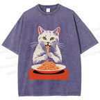 Unisex Vintage Cat Having Noodles Printed Washed Tee