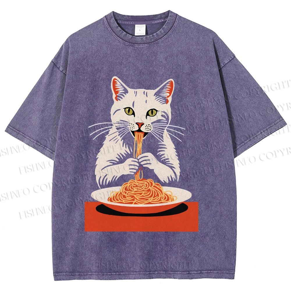 Unisex Vintage Cat Having Noodles Printed Washed Tee