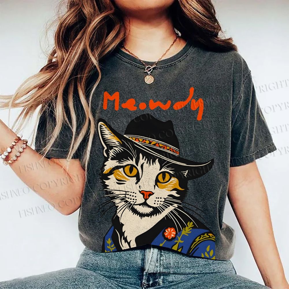 Unisex Country Style Cat Meowdy Printed Washed Tee