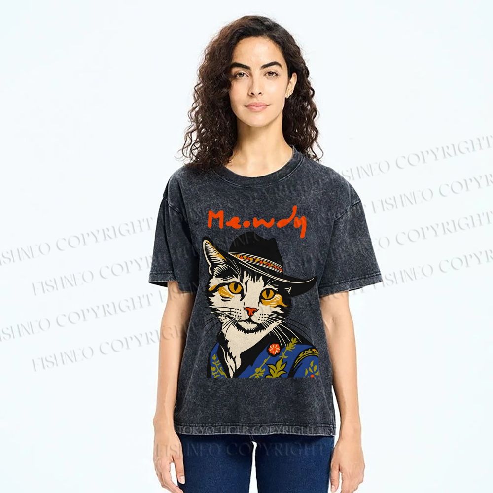 Unisex Country Style Cat Meowdy Printed Washed Tee