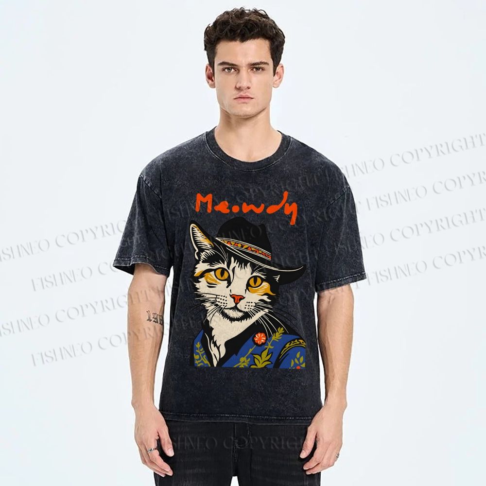 Unisex Country Style Cat Meowdy Printed Washed Tee